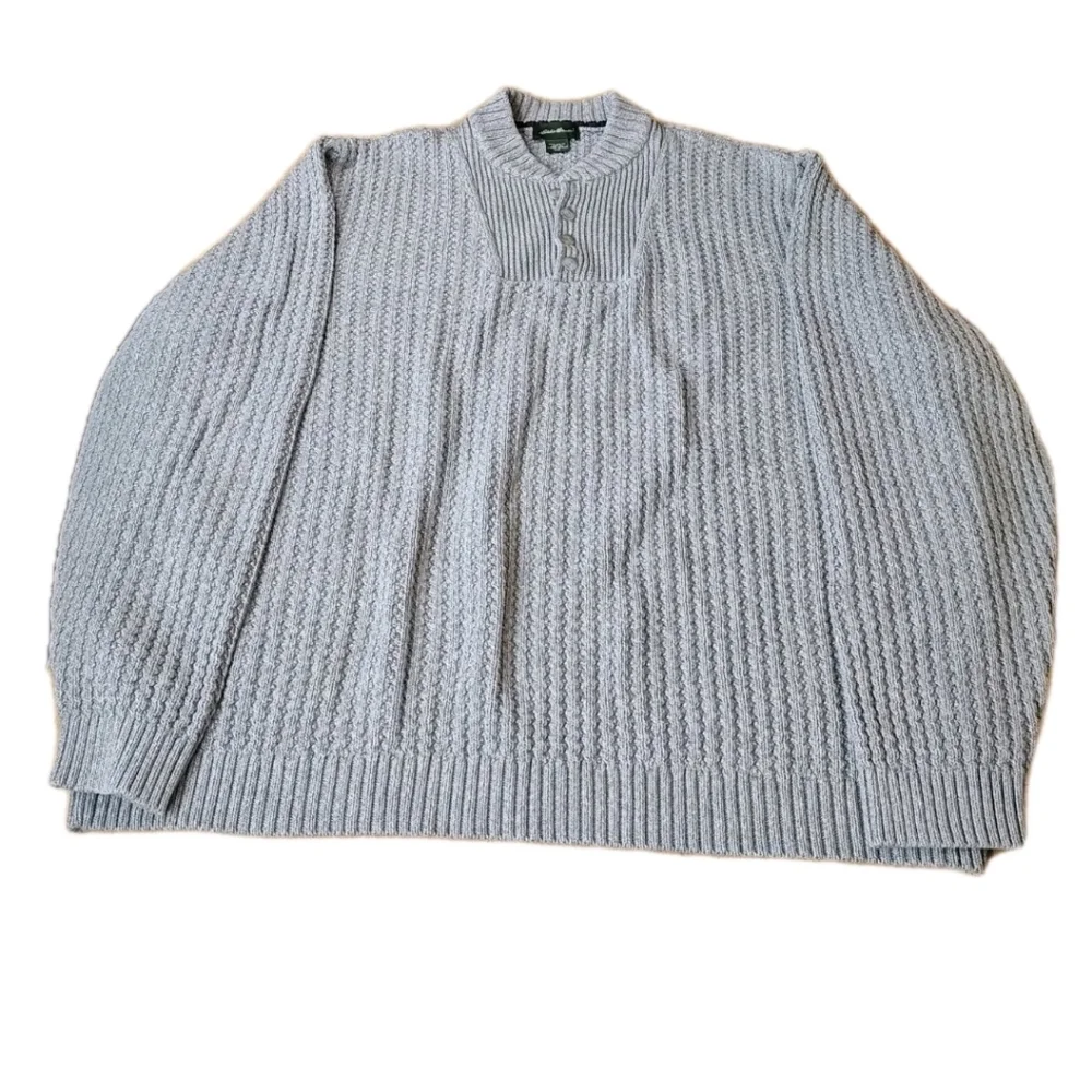 Vintage 80s Eddie Bauer Cable Knit Henley Sweater Men 3X Taupey Gray Qtr Button - Picture 4 of 9